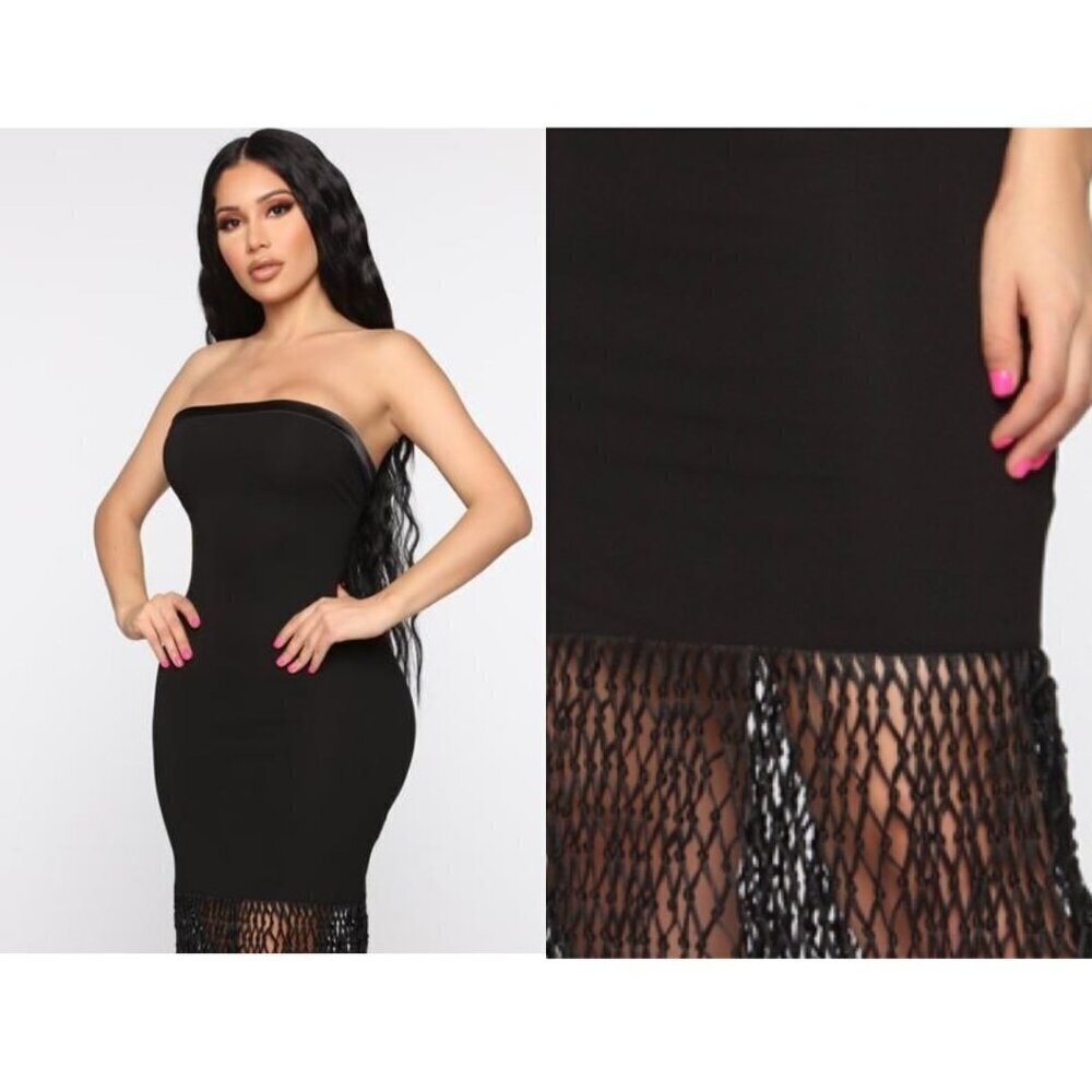 NEW Fashion Nova Farrah Crochet Tassel Fringe Maxi Dress Strapless Black Large - Picture 2 of 10